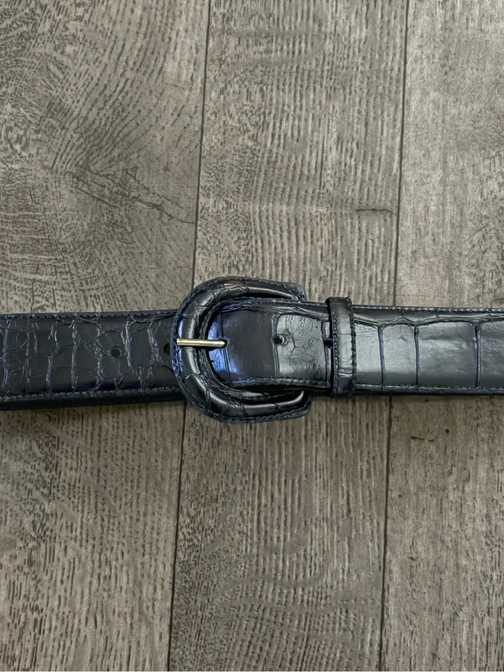 Women’s Navy Blue Croc-Embossed Leather Belt with Round Buckle